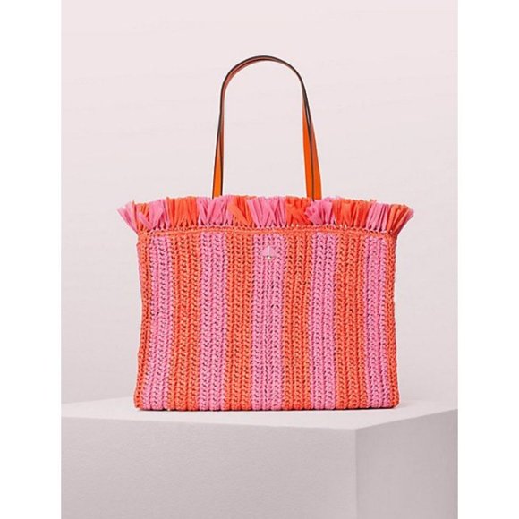 Kate Spade Sam Stripe Straw Medium Satchel in Juicy Orange - Picture 3 of 12